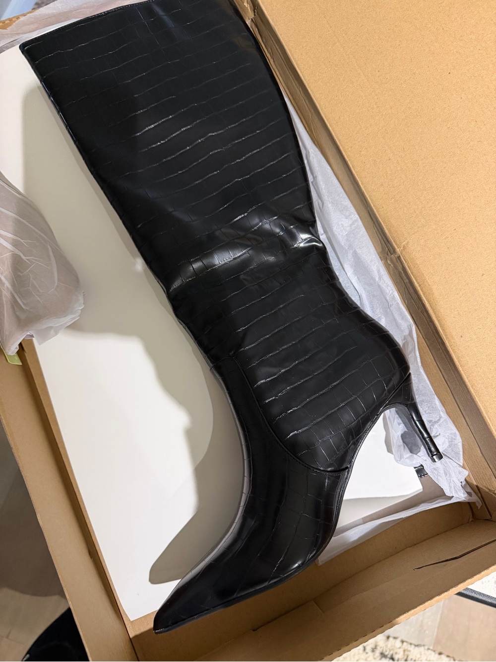 Boohoo Black Croc-Embossed Over-The-Knee Pointed Stiletto Boot